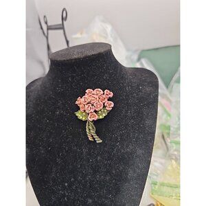 Brooch/pin Bunch Pink/Red Roses Bouquet Green Crystal Leaves  Avon  Signed  Vtg